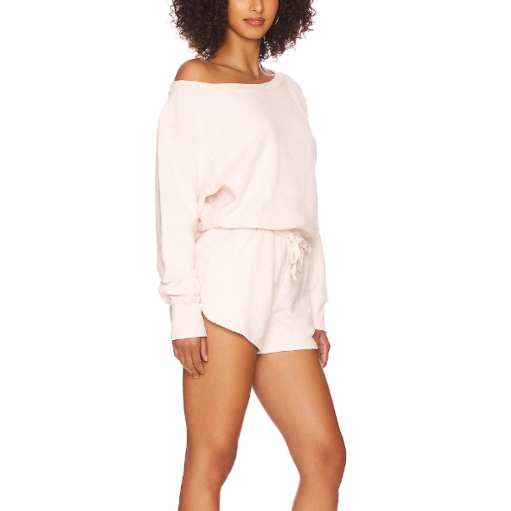 SPIRITUAL GANGSTER Sherpa Off Shoulder Romper Worn 1x XS Pink Cotton Linen Blend